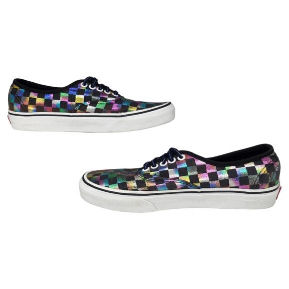Vans Shoes Womens 9 Black Rainbow Checkered Shiny Metallic Holographic Low Tops - Picture 2 of 12